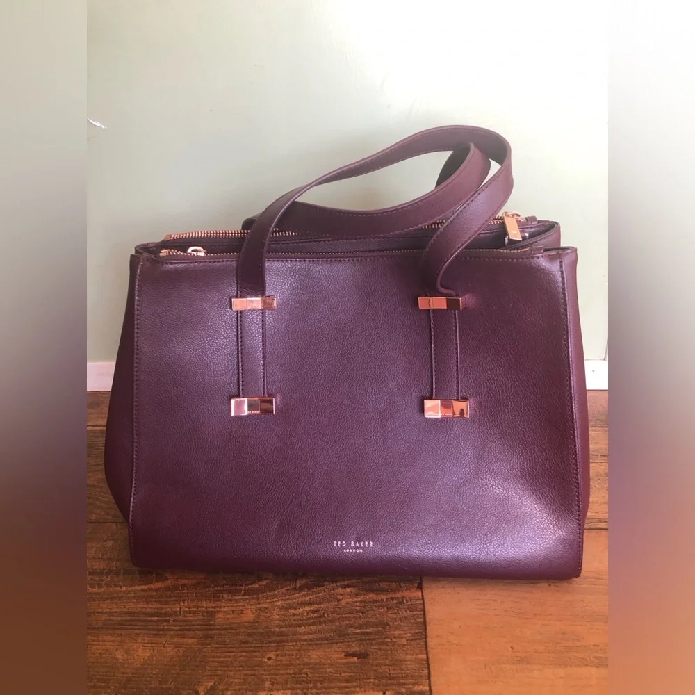 Ted Baker London Judiith Purple Tote Bag Purse Rose Gold Tone Zipper 14x9”